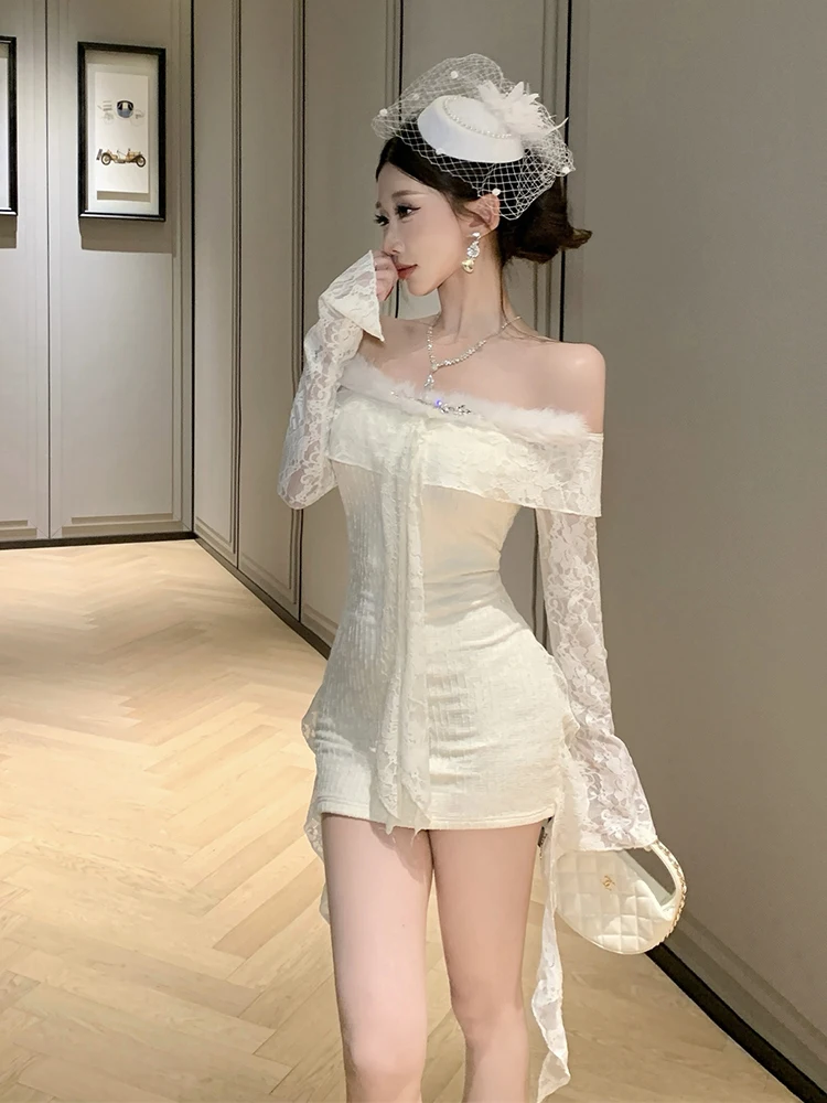 REDDACHiC-minivestido de encaje Floral para mujer, minivestido de fiesta con diamantes, adorno de piel sintética, un hombro acampanado, manga larga, ceñido al cuerpo, ropa Sexy de otoño