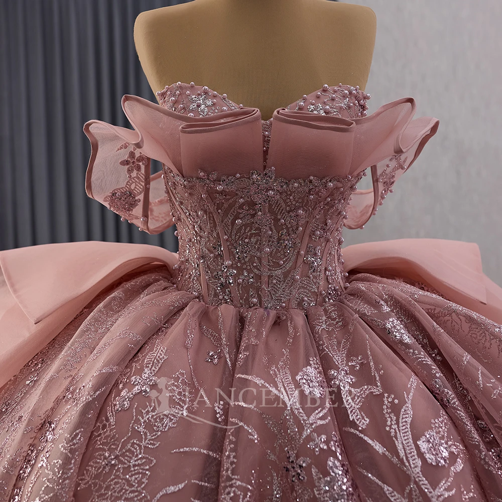 Glitzerndes rosa Ballkleid Quinceanera-Kleider mit Perlenstickerei, sexy, schulterfrei, mit Schnürung, Prinzessin, Party, Vestidos de 15 Jahre, individuell gestaltet
