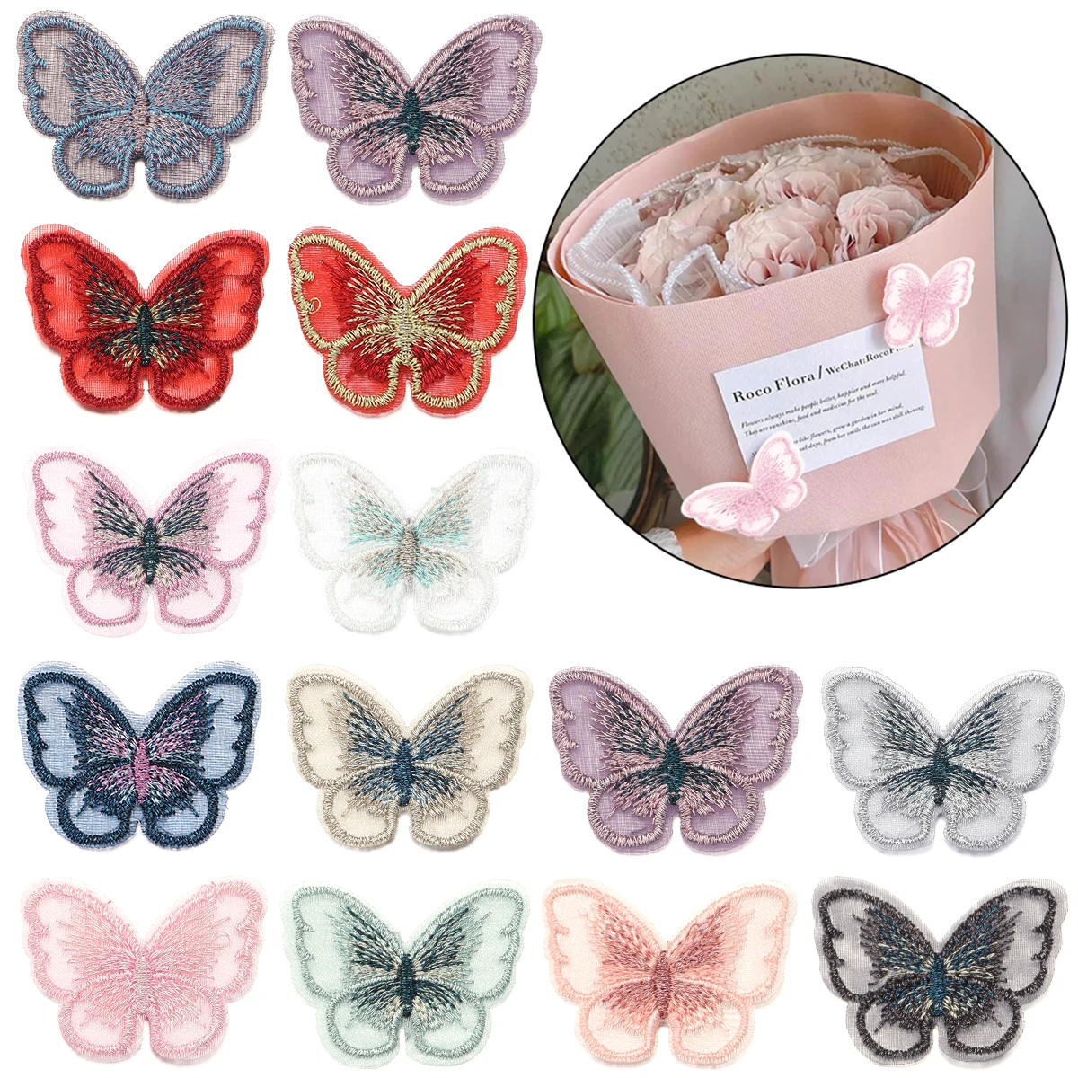 20pcs/lot 30x40mm Embroidered Mesh Butterfly Patches Fabric Appliques For Clothes Sewing Supplies DIY Hair Clip Accessories