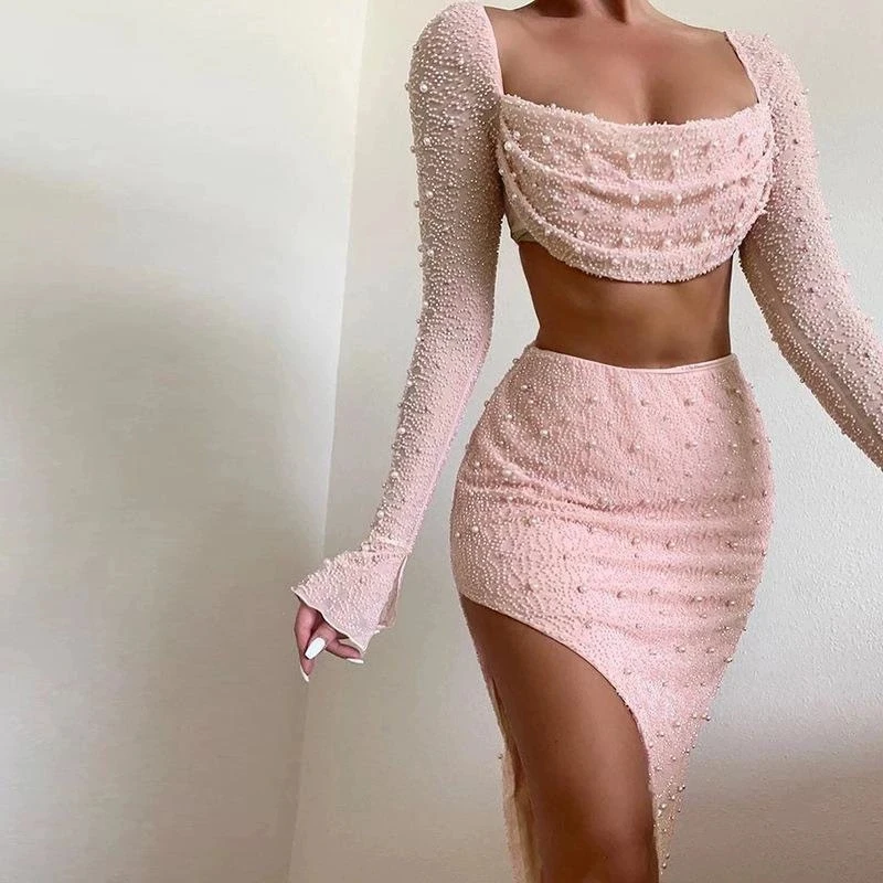 

Elegant Beaded Solid Skirt Outfits Sexy Square Collar Crop Tops & Long Skirt 2Pc Suit Women Fashion Split Slim Club Party Sets