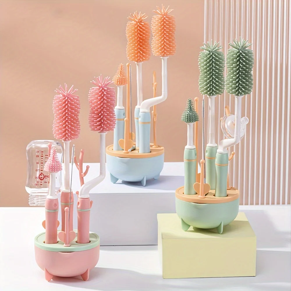 4Pcs Silicone Bottle Brush for Babies 3 Color Long Handle Cleaning Brush Set 360 Degree Rotating Cleaning Bottle Brush Set