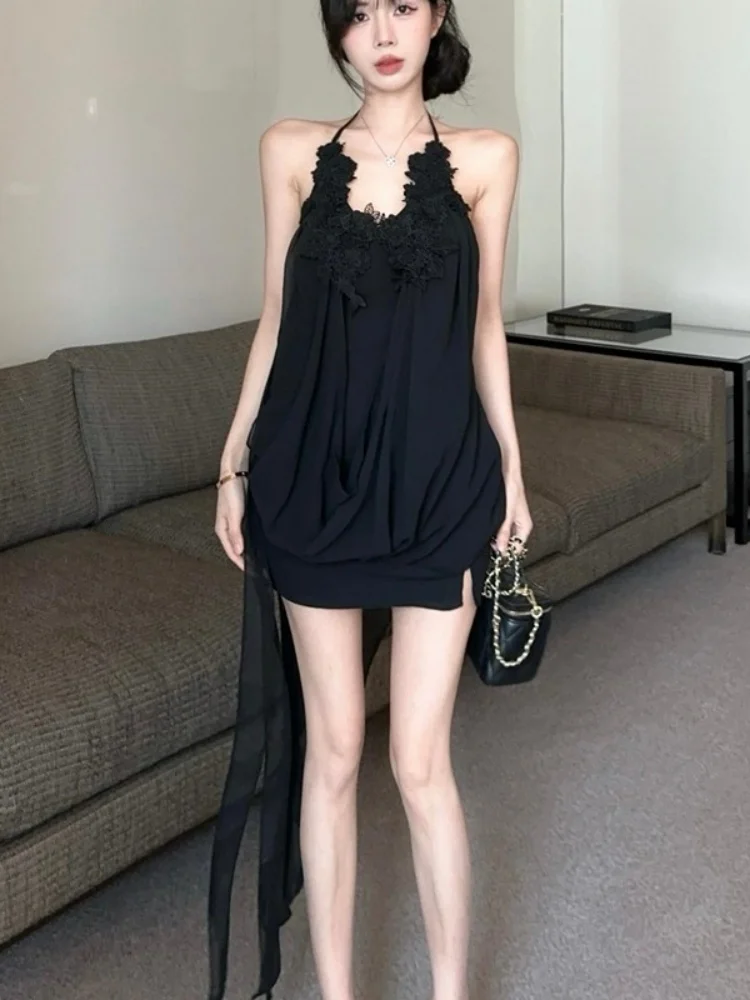 Vestido Preto Floral com Decote Costu nas Costas, Saia Solta de Chiffon para Mulheres, Saia Curta A-Line Única e Desejável