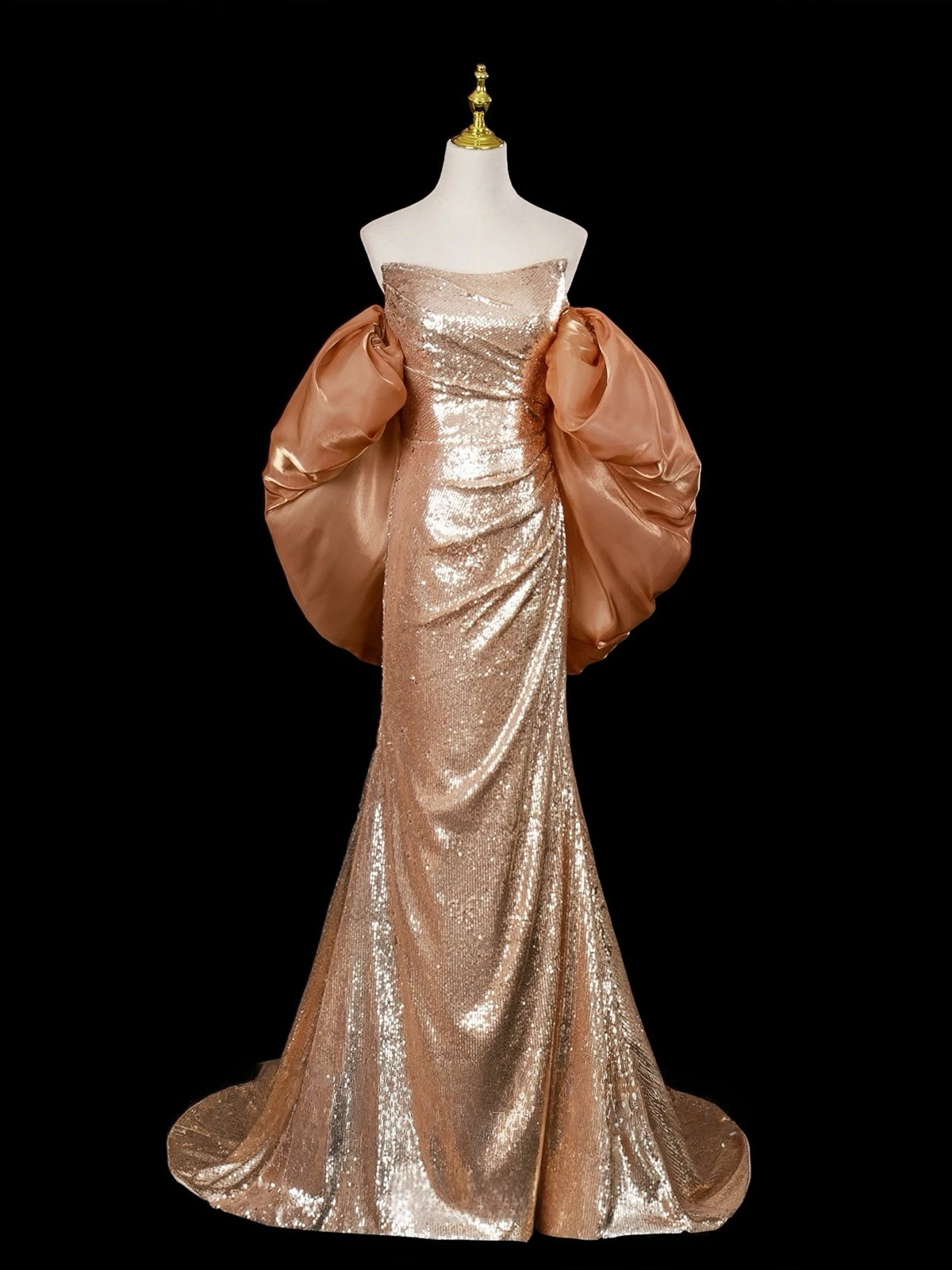 Robe de soirée dorée sirène sans bretelles, manches bouffantes, paillettes scintillantes, longue traîne, robe de Cocktail pour invités de mariage pour Occasions formelles