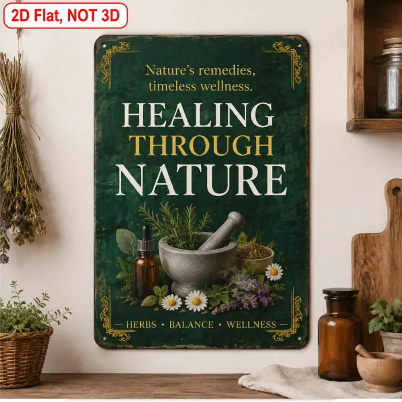 1 Metal Sign Vintage Green Healing Through Nature Herbs Wellness Wall Tin Sign for Home Kitchen Farmhouse Decor Suitable for Fro