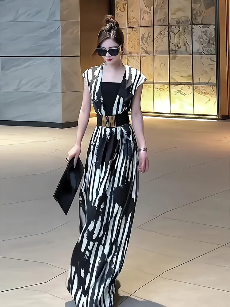 Letni zestaw: wyszczuplający, modny, casualowy kombinezon z wysokim stanem, drapowany, z nadrukiem, elegancki, do pracy, długie spodnie z szerokimi nogawkami.