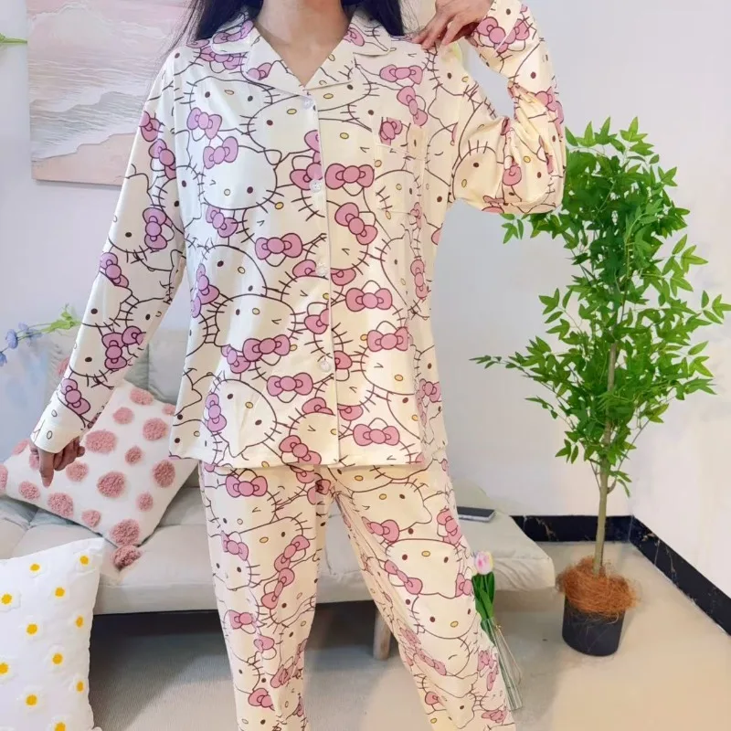 HelloKitty pajamas women's spring pink suit, thin cartoon sweet can be worn outside girls' loungewear long-sleeved two-piece set