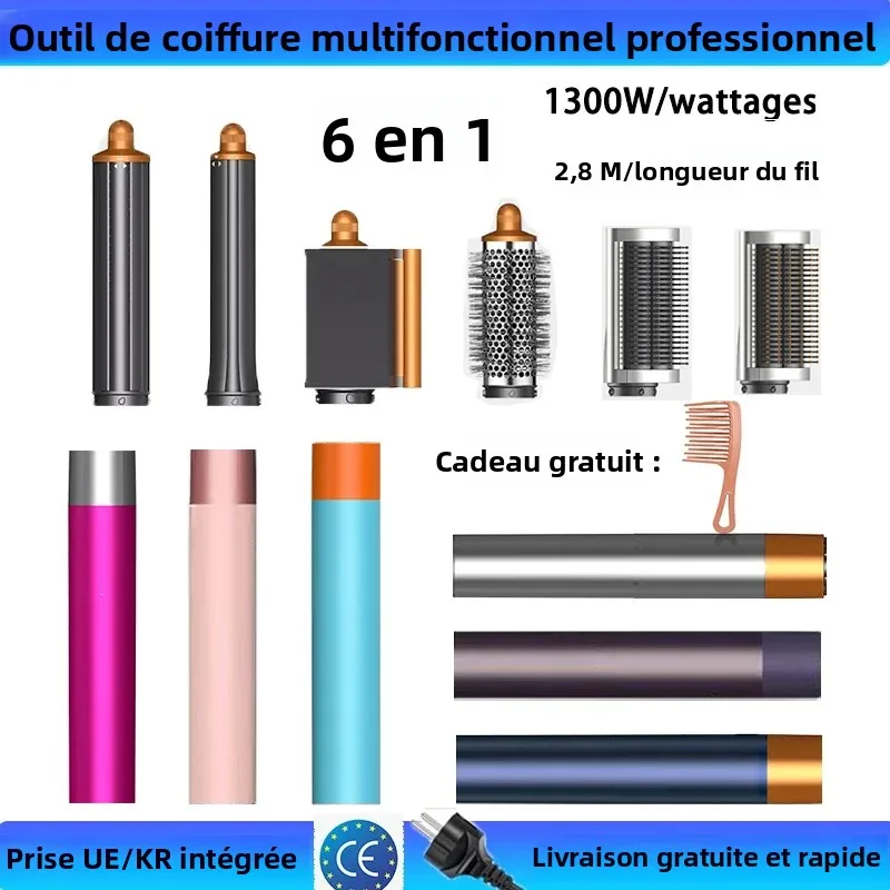 Styler multi-cheveux 6 en 1, haute puissance 1300 W, combine des fonctions de séchage, de lisser et de bouclage, adapté à la maison et au salon