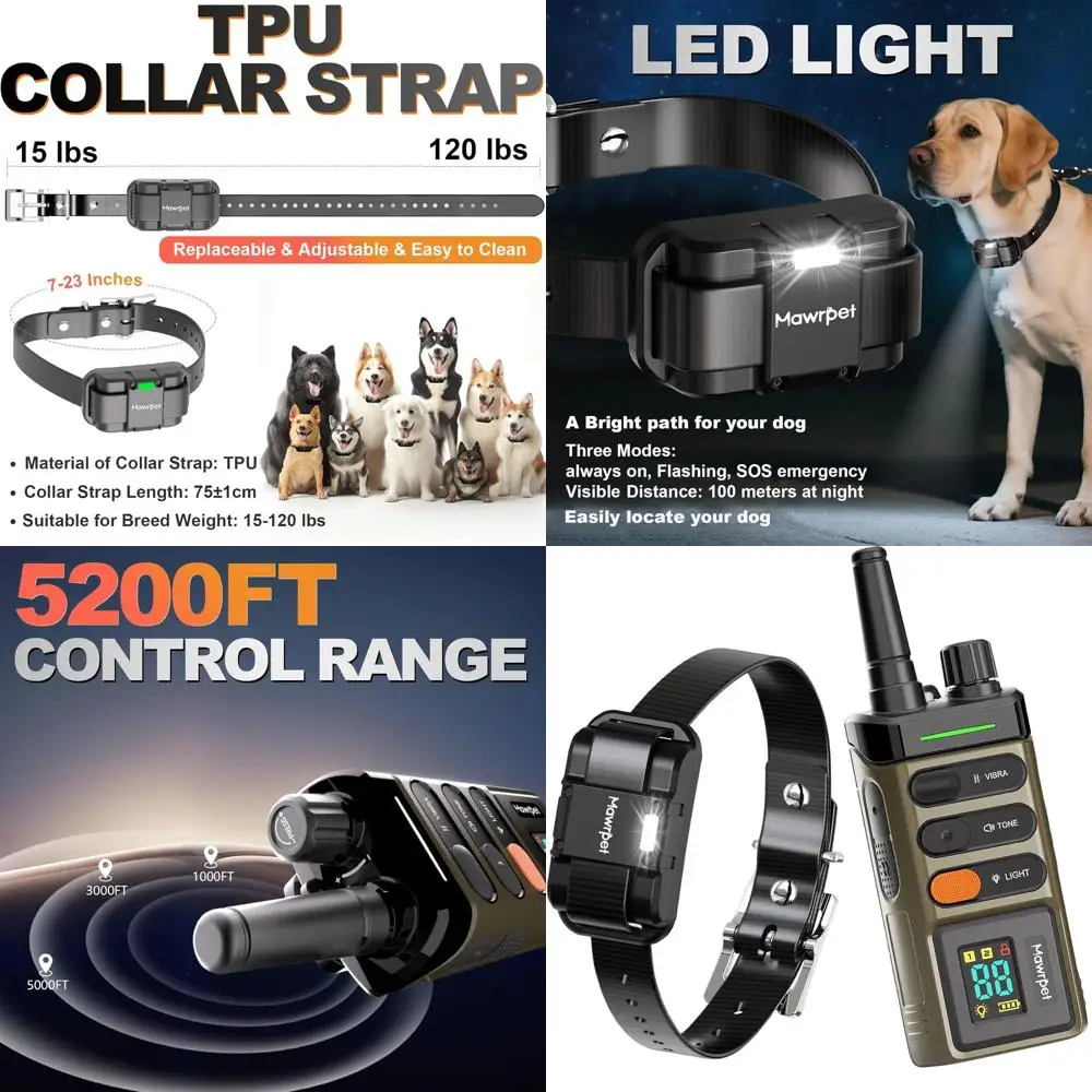 

Ошейник для дрессировки собак с дистанционным управлением, диапазон 5200 футов, водонепроницаемый ударопрочный/вибрационный/сигнал, перезаряжаемый, 15–120 фунтов