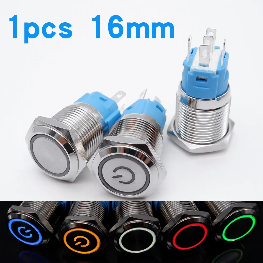 

16mm Metal Push Button Switch LED Light Waterproof Momentary Latching PC Power On Off 5V 12V 220V Red Green Yellow Blue White