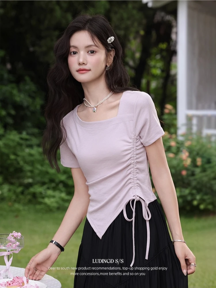 

ALXNAN Plus Size T-shirt Purple Irregular Drawstring Slant Collar Women's T-shirts 2025 Summer Elegant Ladies Clothing D11368