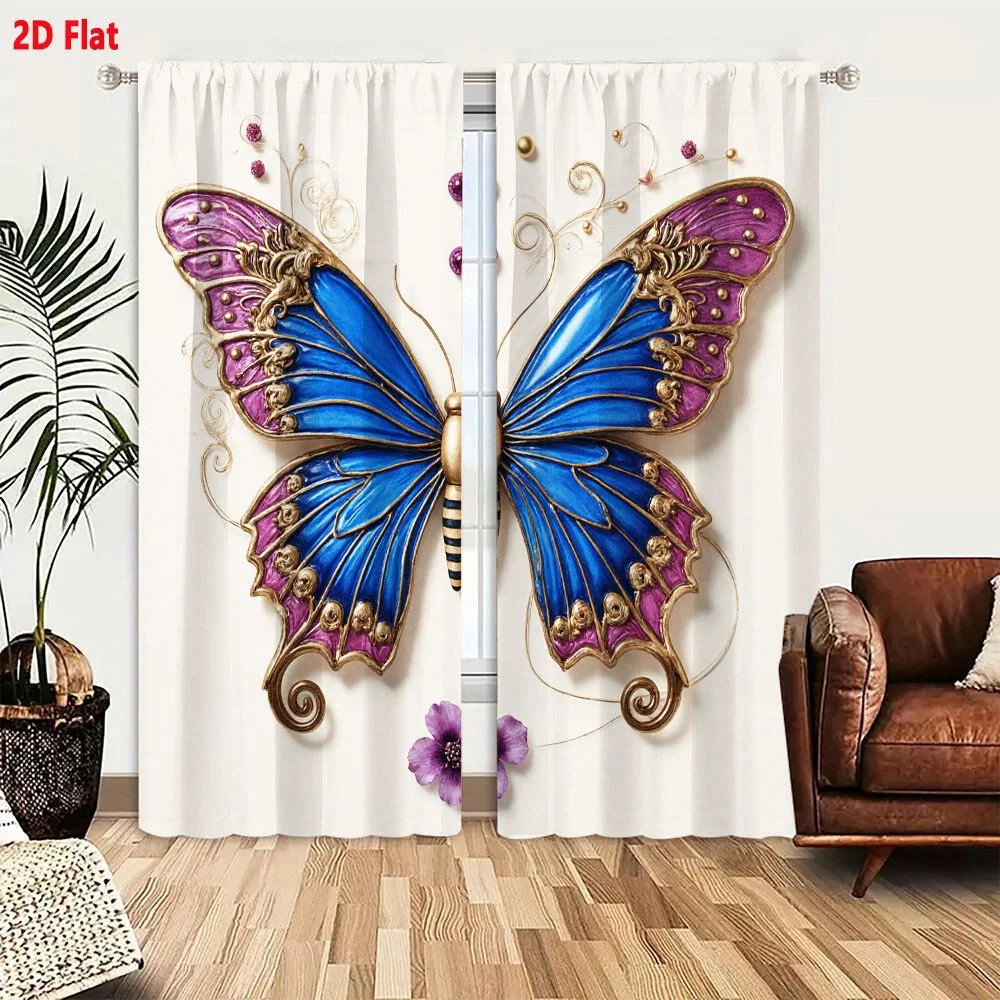 2Pcs Curtains 2D Flat Ornate Decorative Butterfly Design With Blue Wings Gold Detailing Purple Hues Filigree Beads And Purple Fl