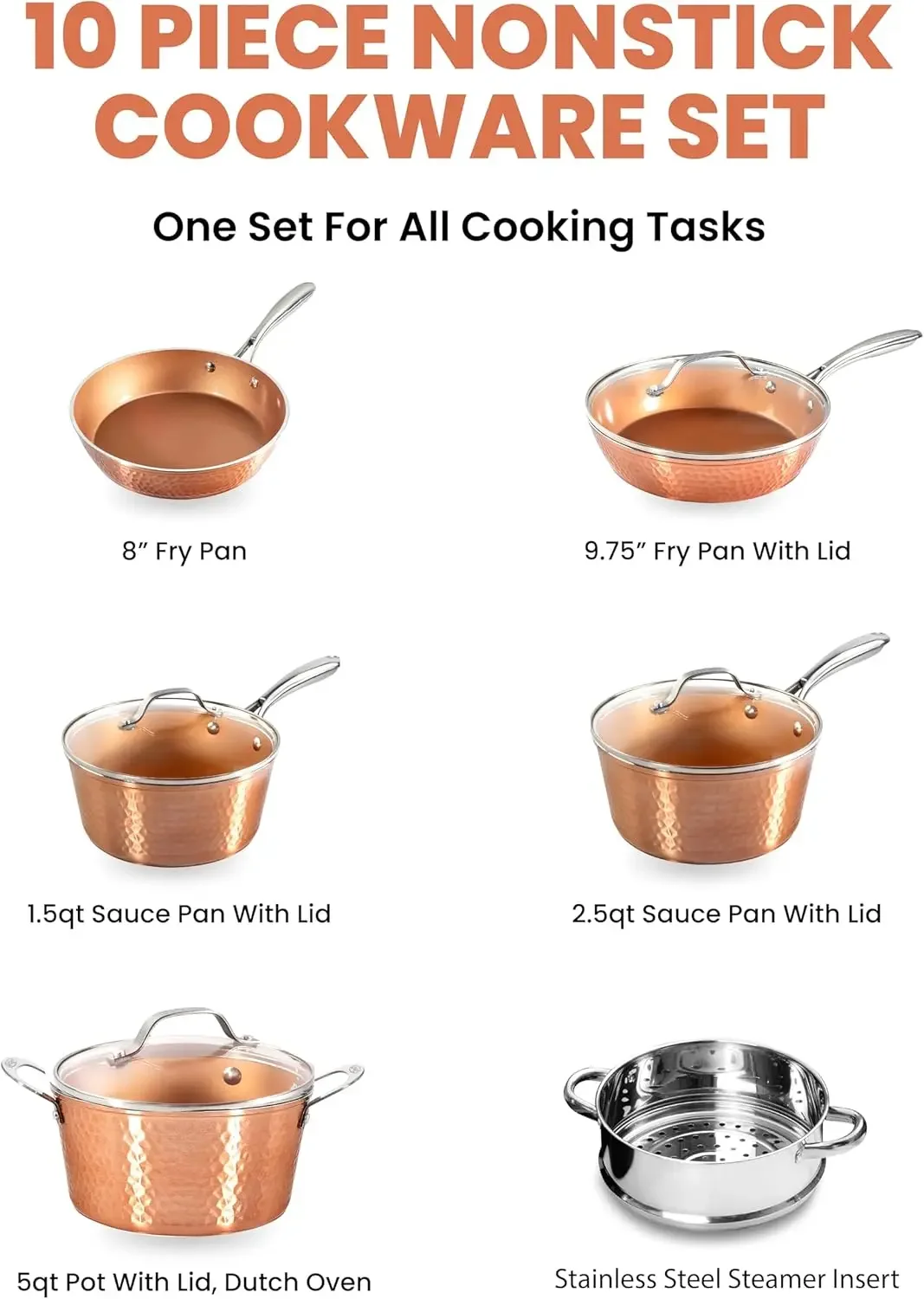 Steel Hammered Copper 10 Pc Pots and Pans Set Non Stick Cookware Set, Non Toxic Ceramic Cookware Set, Kitchen Cookware Se