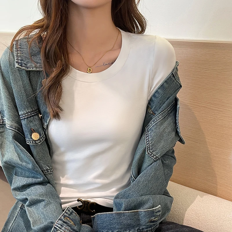 Solid Color Simple Versatile Long Sleeve Women's Autumn Winter Round Neck Bottom Shirt Tops Slim Soft Slim