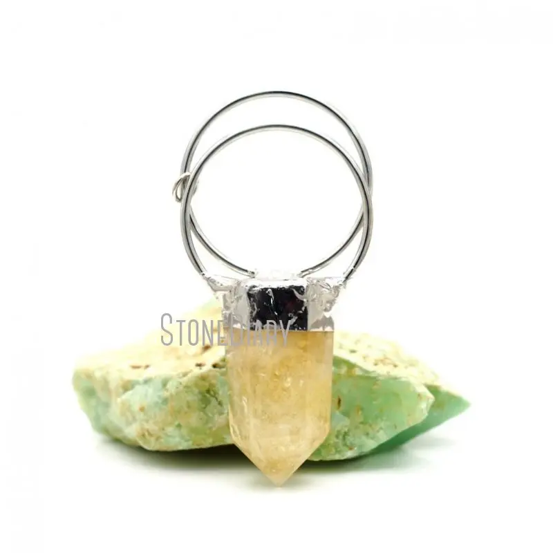 

PM42287 Natural Citrine Point Pendant Yellow Citrine Healing Crystal Hexagonal Prism Pendant Silver Plated Statement Jewelry