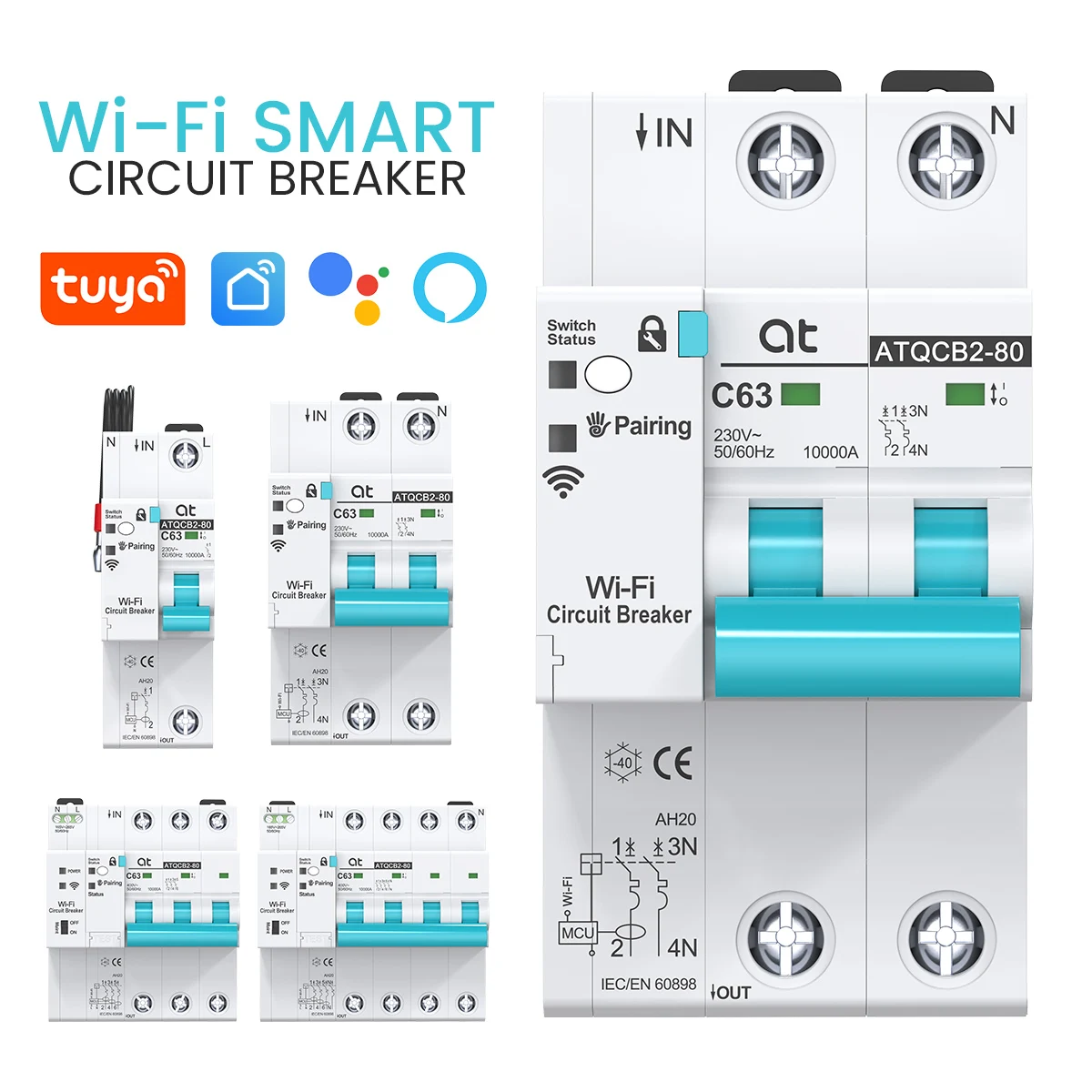 

Умный выключатель с функцией измерения энергопотребления AT Tuya, 1P, 2P, 3P, 4P, 1-63A, регулируемый, с Wi-Fi, дистанционное управление через приложение Smart Life.
