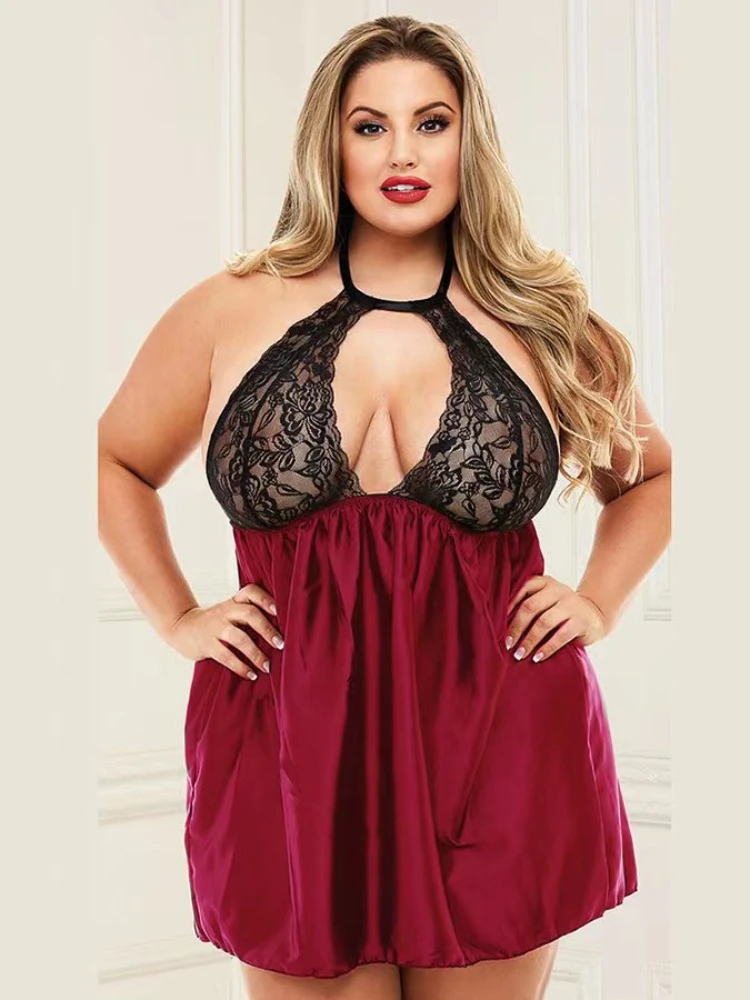 Roupa interior sexy plus size sexy renda halter robe ver através de pijamas ocos lingerie de noite feminina para mulher noite wear