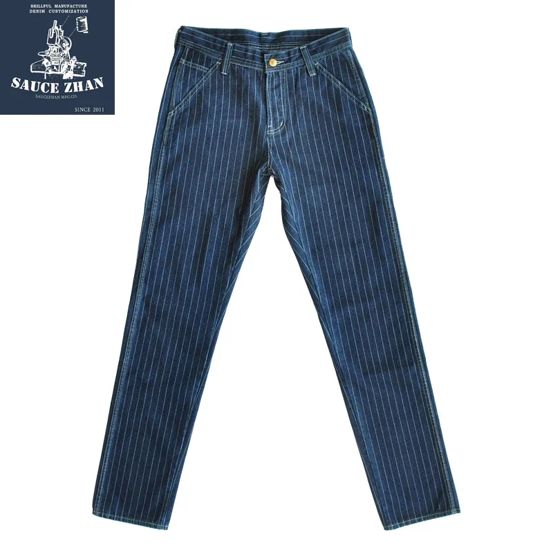 Ceaisszhan-Jeans rayés pour hommes, salopette en denim vintage, pantalon de travail de chemin de fer américain, coupe couvertes