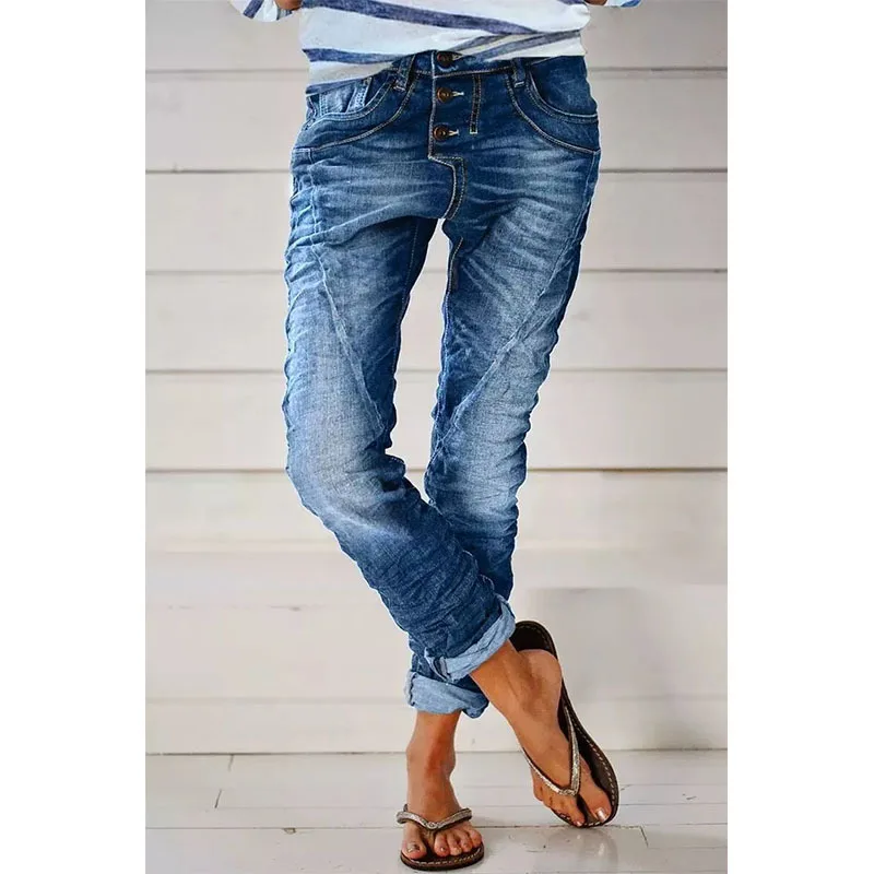 Jeans for Women Drawstring Elastic-waisted Jeans Casual Button Baggy Jeans Women Trousers Straight Women Wide-leg Pants Slouchy