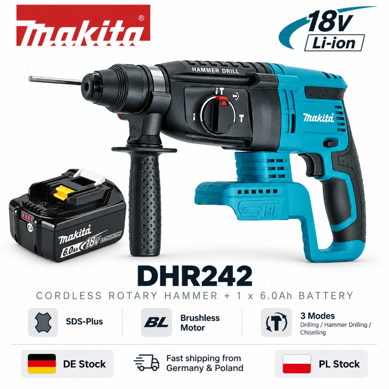 Makita DHR242, trapano a percussione rotante senza fili 18V LXT, motore brushless, 24 mm, per calcestruzzo, 4700 IPM, 2,0 J, sistema SDS Plus, 3 modalità, utensile elettrico per impieghi gravosi,