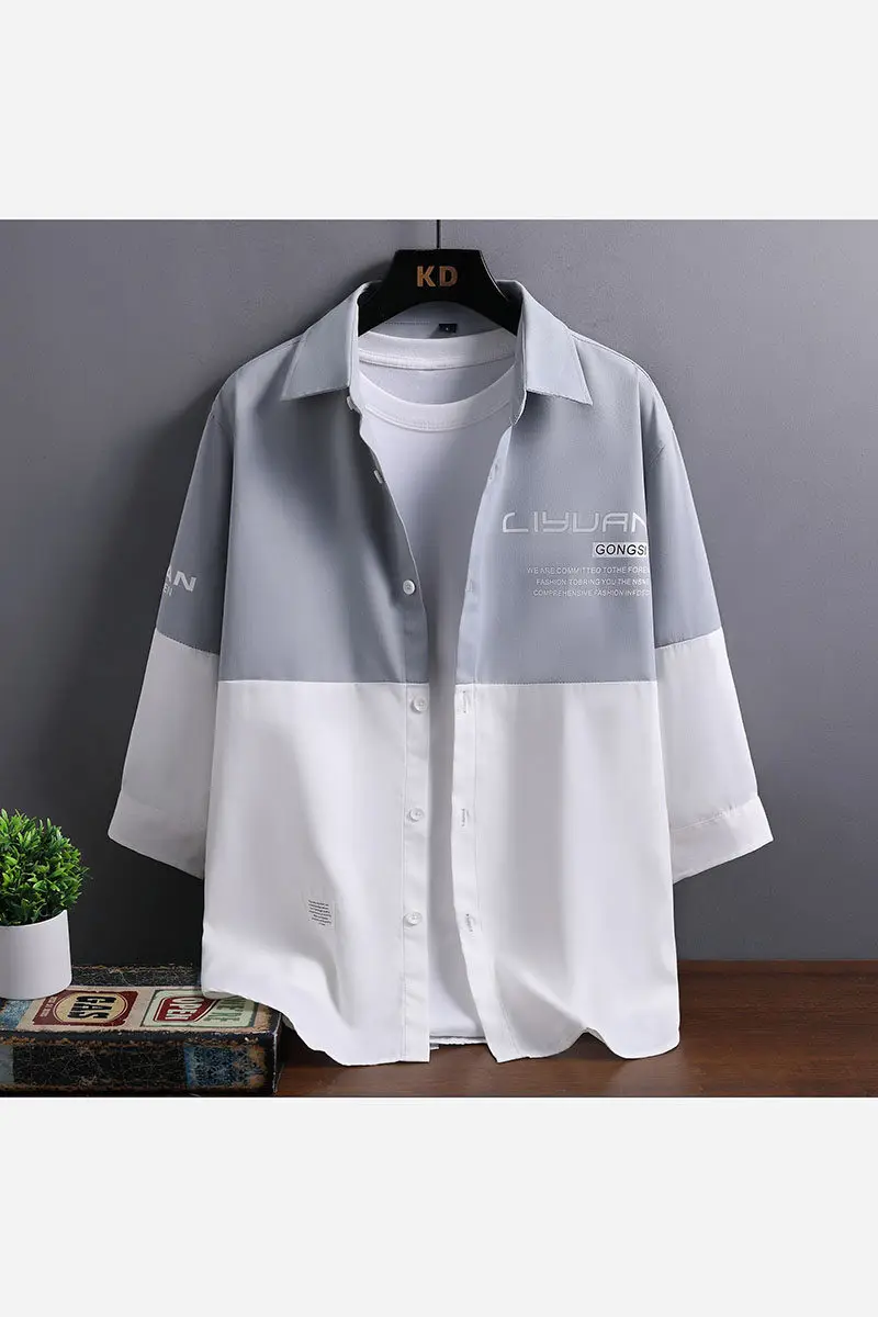 اتجاه الصيف: قميص رجالي 3/4 كم مع طية صدر السترة حجب الألوان قميص كاجوال فضفاض مناسب مريح نمط البوب الشبابي للرجال