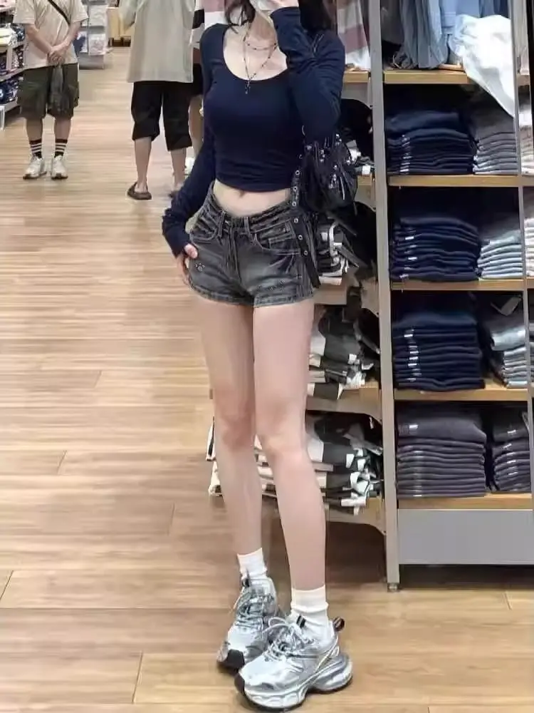 رمادي Y2k السراويل الرجعية منخفضة الخصر غسلها القديم الدنيم سوبر السراويل النساء الساخن ختم الكرتون الجينز الورك التفاف السراويل الساخنة #4