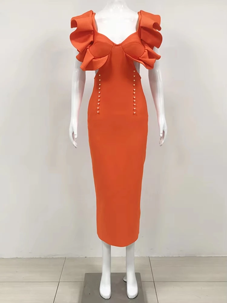 Vrouwen Sexy V-hals Uitgesneden Oranje Ruches Midi Bodycon Bandage Jurk 2024 Celebrity Elegante Avond Club Party Dress