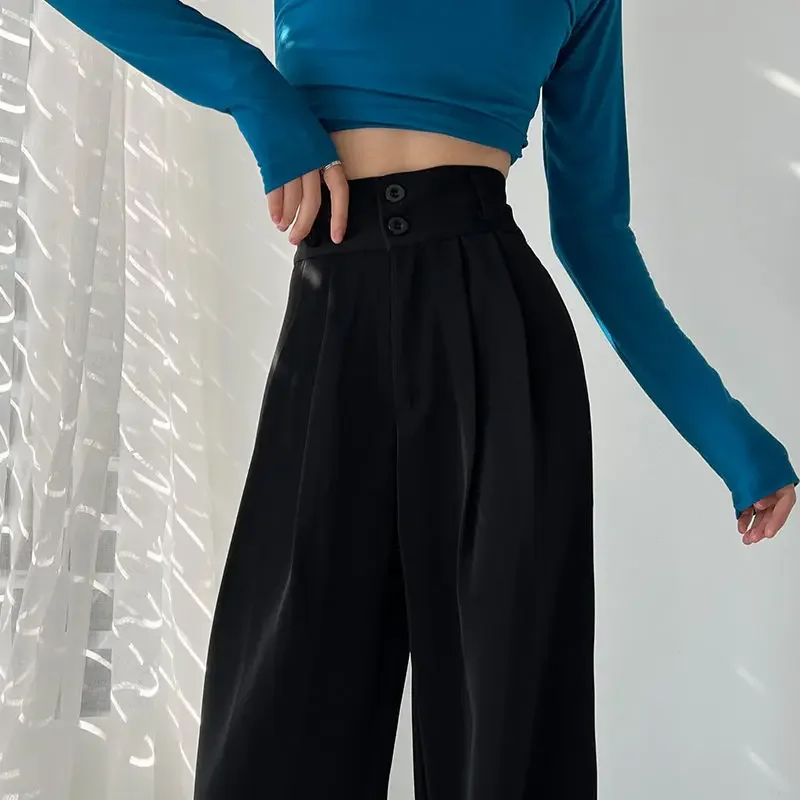 Women Clothing Korean Fashion Vintage Pleated Streetwear Wide Leg Suit Pants Y2K Female Straight Trousers High Waist LJ441