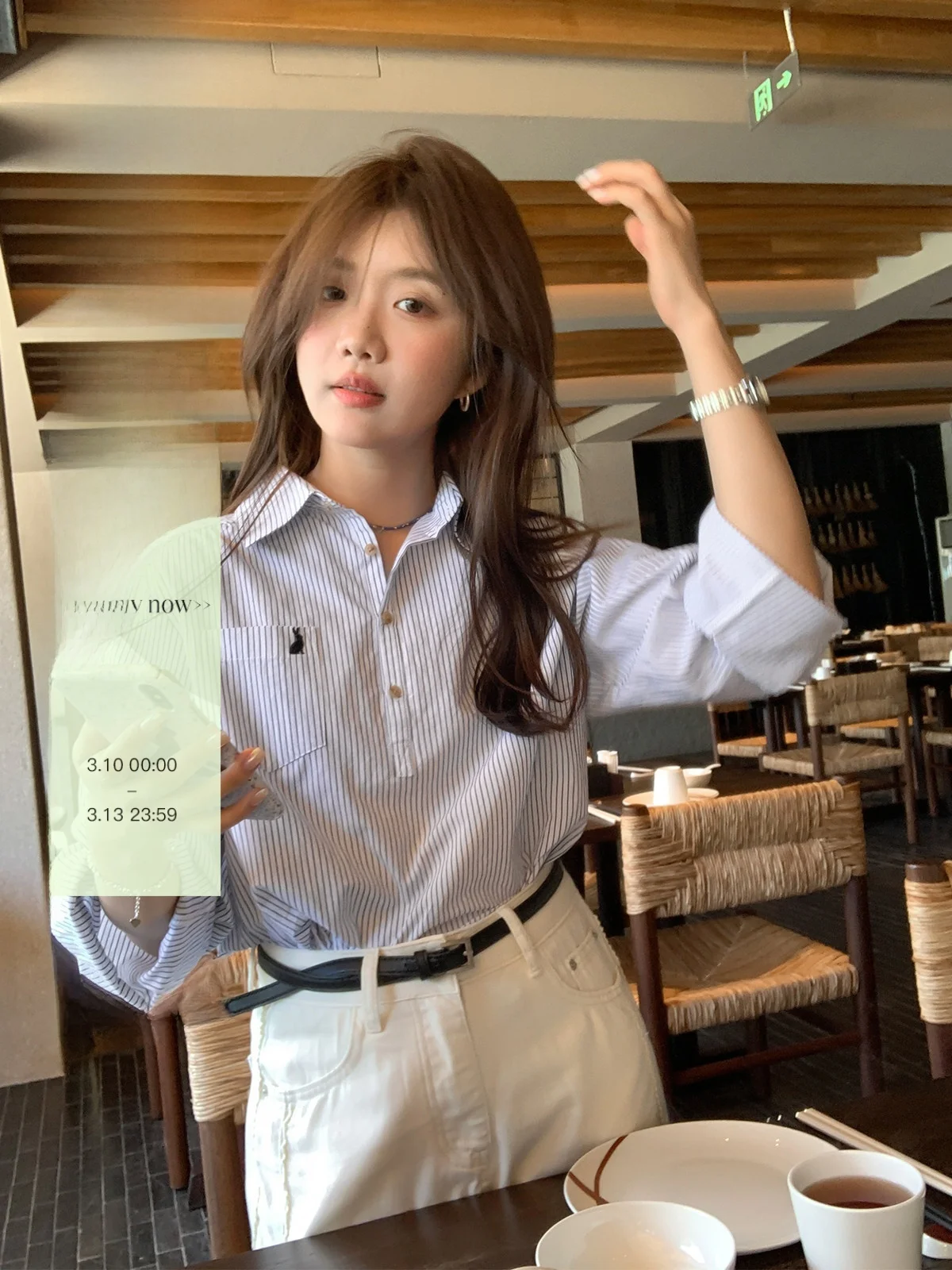 

Sisilyon Women's Blue Striped irt Embroidered f Open Front Two-Way Sve Cotton Commute Sle Korean Straight Cut