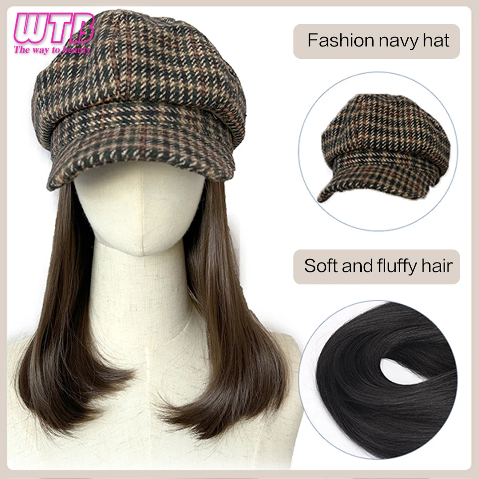 Synthetic Hat Wig Medium Long Hair boinas Berets wig caps for women Octagonal Hat wig Extensions Hair Accessories