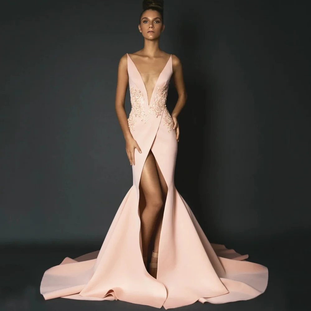 

Sexy Customized Prom Dresses Deep V Neck Mermaid Party Gowns Applique Spaghetti Straps Split Evening Dress Vestido De Novia