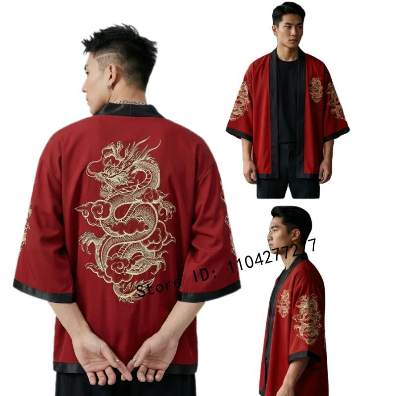 Summer Japanese Dragon Print Kimono Style T-Shirt, Traditional Samurai Loose Open Front Top for Men Women