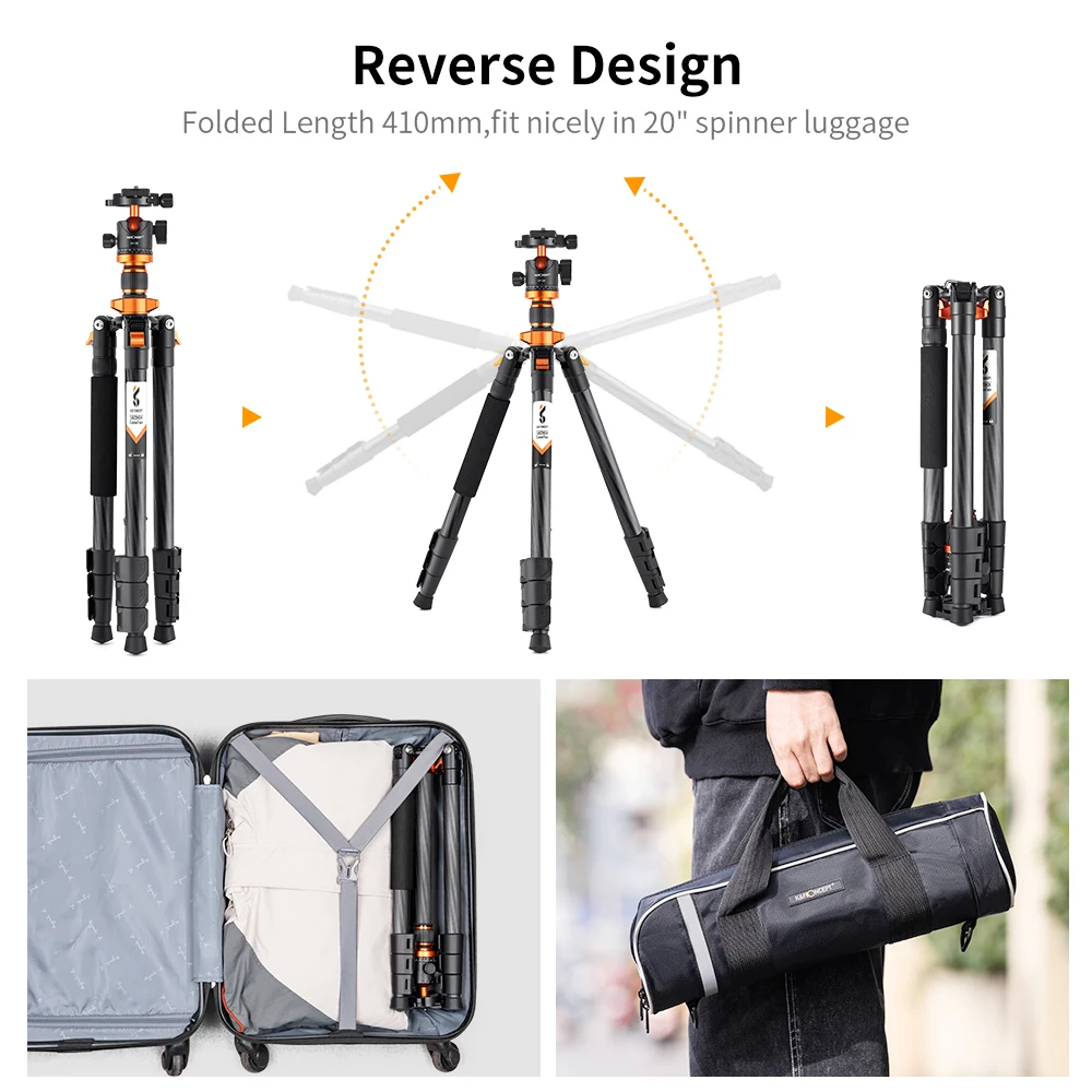 K&F Concept 62inch/160cm Portable Travel Tripod Carbon Fiber Tripod with Detachable Monopod Metal Ball Head Quick Release Plate