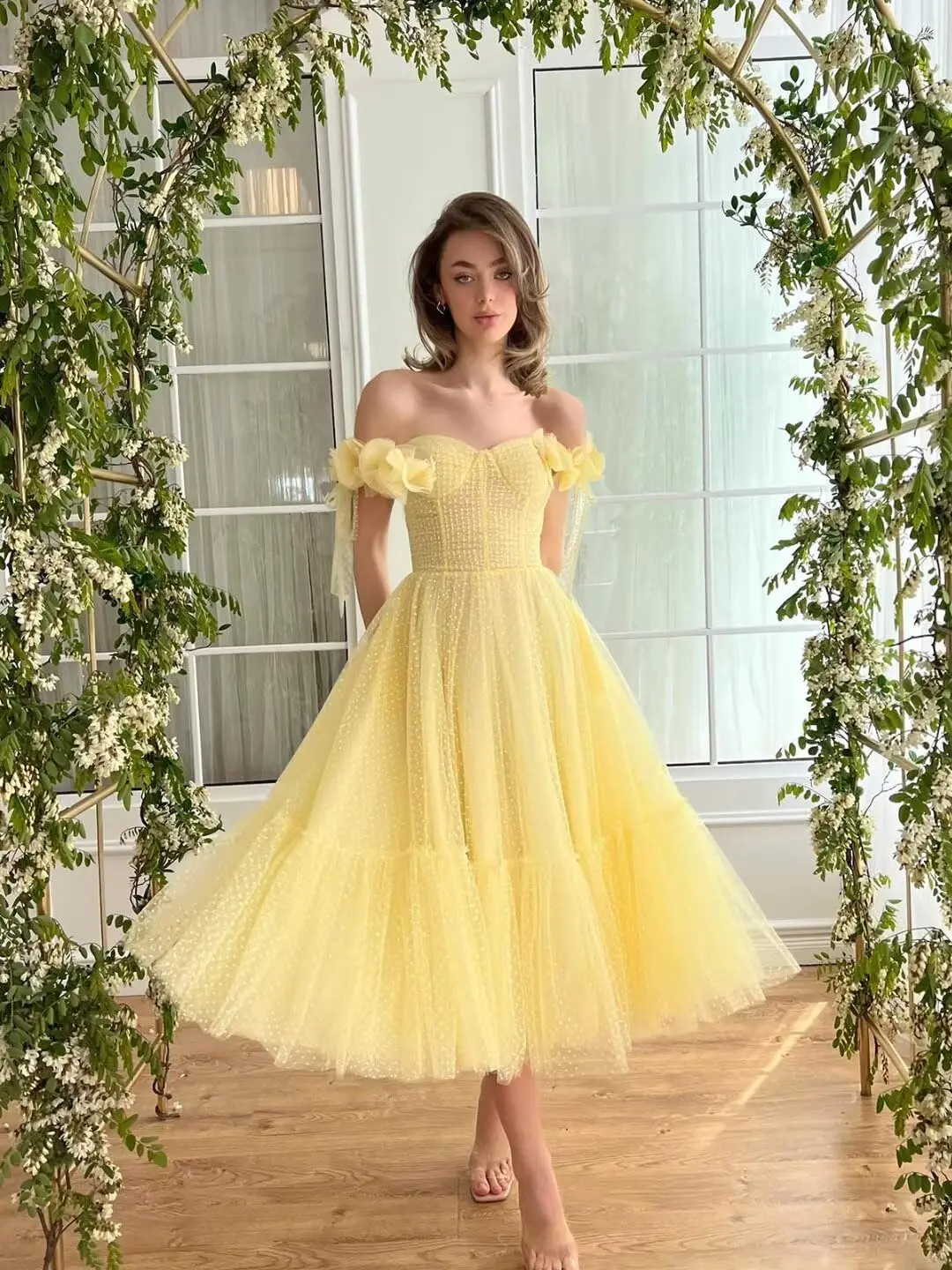 

Tulle Off Shoulder Prom Dress for Women Sweetheart Midi Puffy Formal Party Gowns Tea Length Evening Dresses robe de soiree