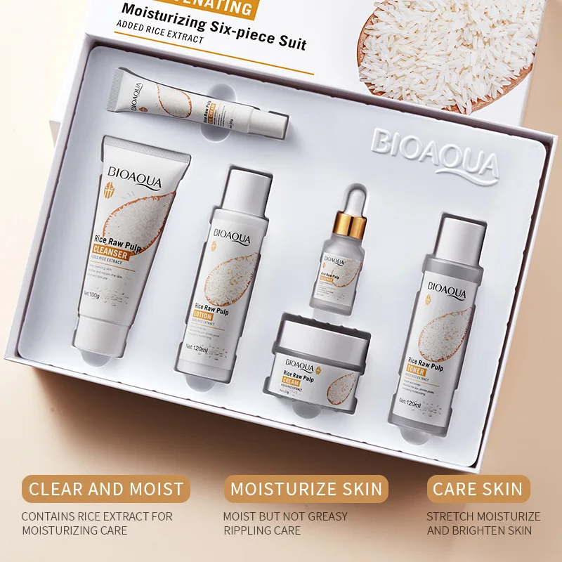 Rice Raw Pulp Skincare Six Set, Moisturizing And Nourishing Quickly Absorb, Refreshing And Non Greasy, Gift Box For Woman