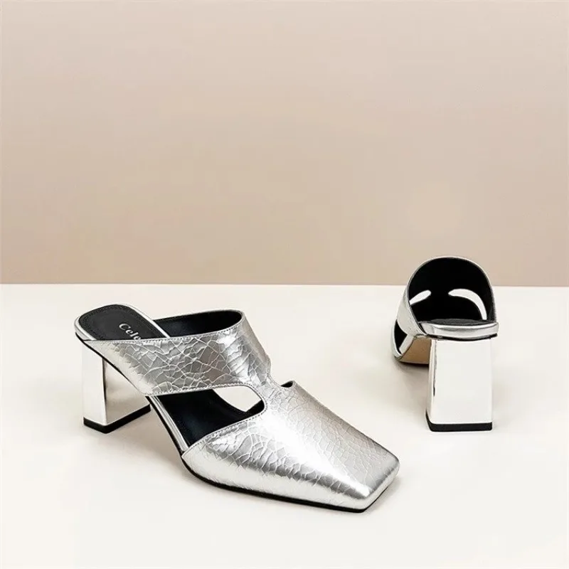 2026 Summer new Women's Sandals natural leather  Cracked cowhide sheepskin square toe mules high heel women Shoes