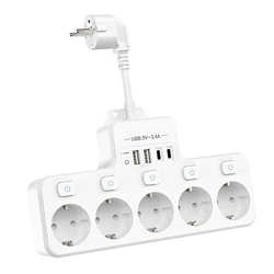 Power Strip 5-Way Multicontact Outlet EU Plug with 4 USB Ports 3.1A/5V 3840W Multiple Electrical Socket with Switch For Home