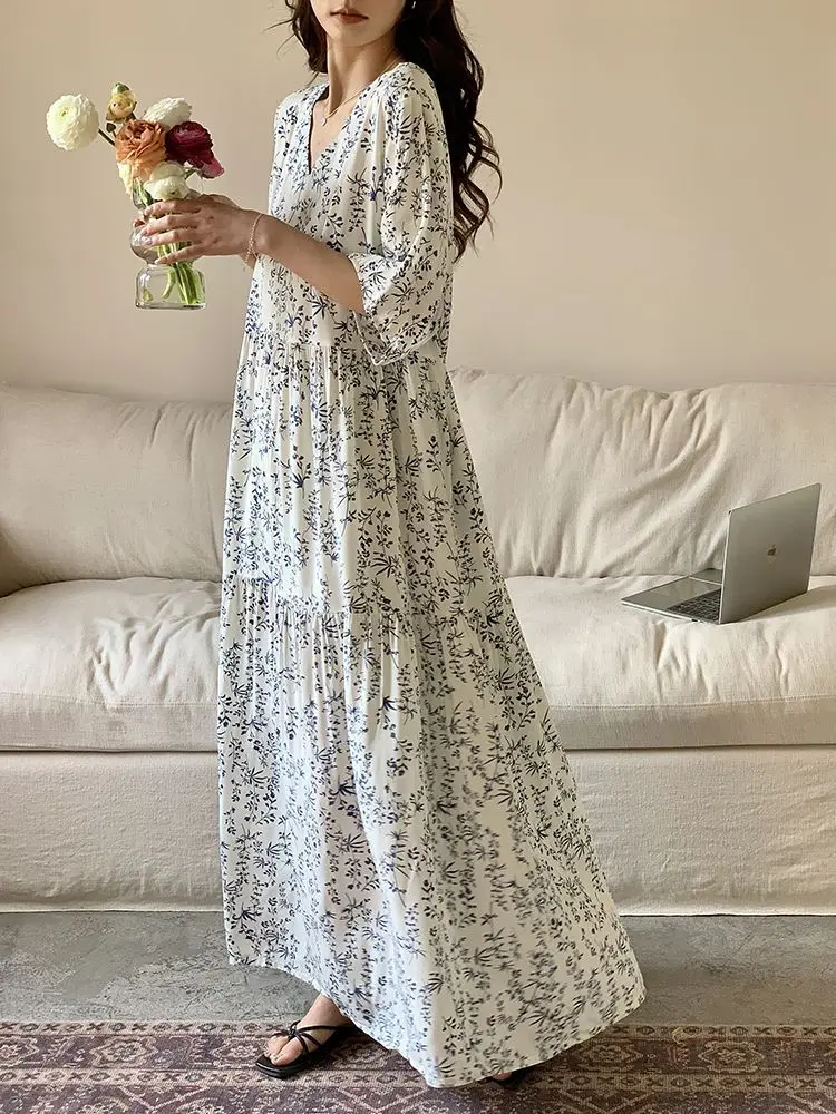 Sukienka damska na lato 2025, europejski styl, luźna, do pracy, z nadrukiem, dekolt w serek, oversize, sukienka do spania.