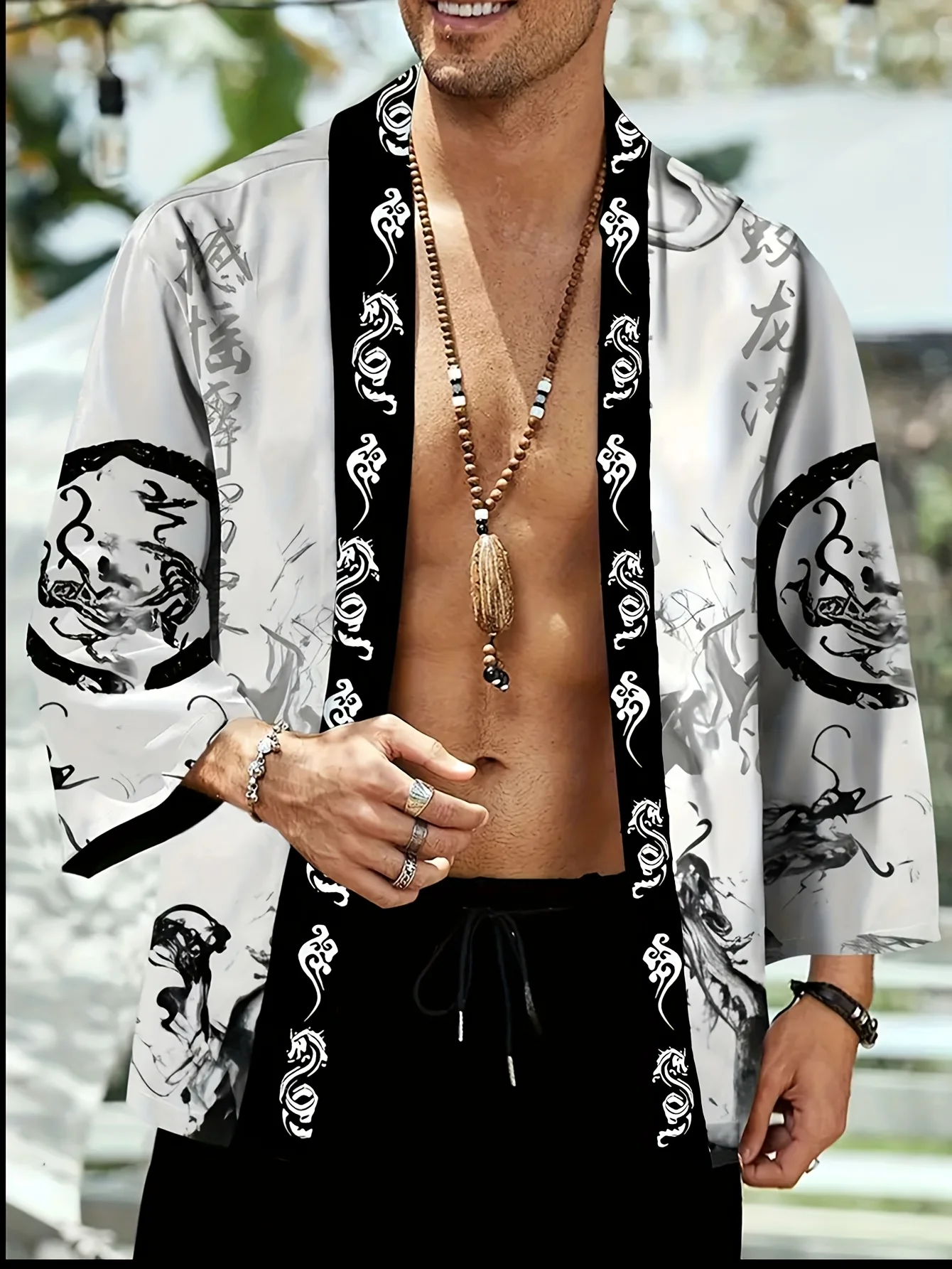 남성용 잉크 드래곤 토템 케이프 프린트 루즈핏 기모노 데일리웨어 남성용 일본 전통 기모노 남성용 케이프 기모노 스타일