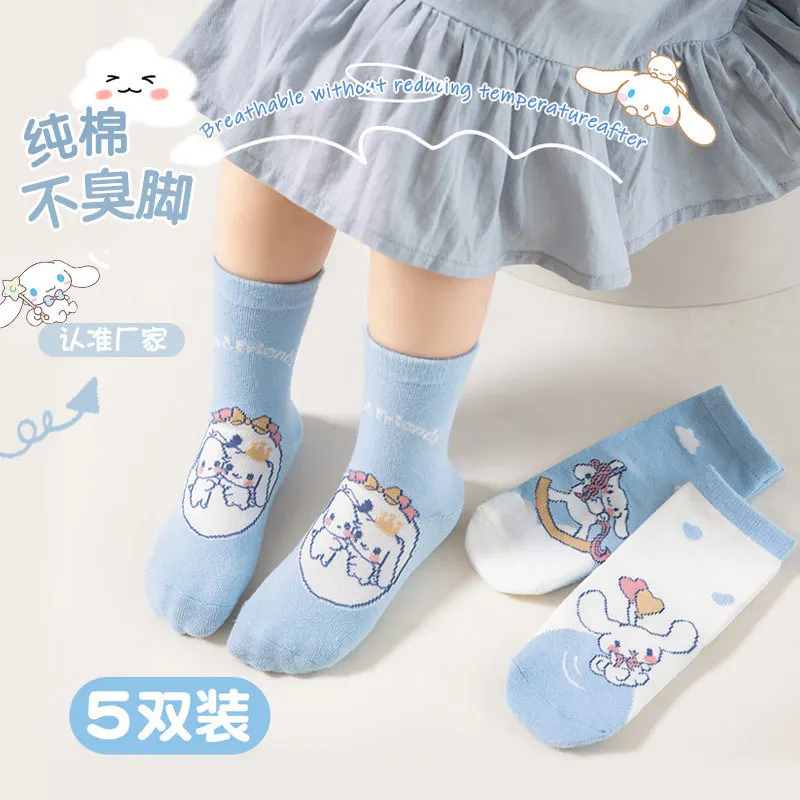 5 Pairs Cartoon Cinnamoroll Children's Cotton Socks Sanrio Kawaii Student Summer Mesh Breathable Short Socks Thin Kid Socks