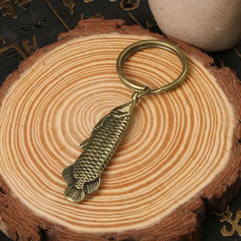 Antique Brass Arowana Figurine Desktop Decor Ornaments Tea Pet Toy Animal Fish Key Chains Pendant DIY Accessories Gift