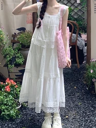 Summer Sweet Loose Lace Sling 2 Piece Set Women Elegant Natural Sleeveless Solid Dress Female Design High Waist A Line Dresses