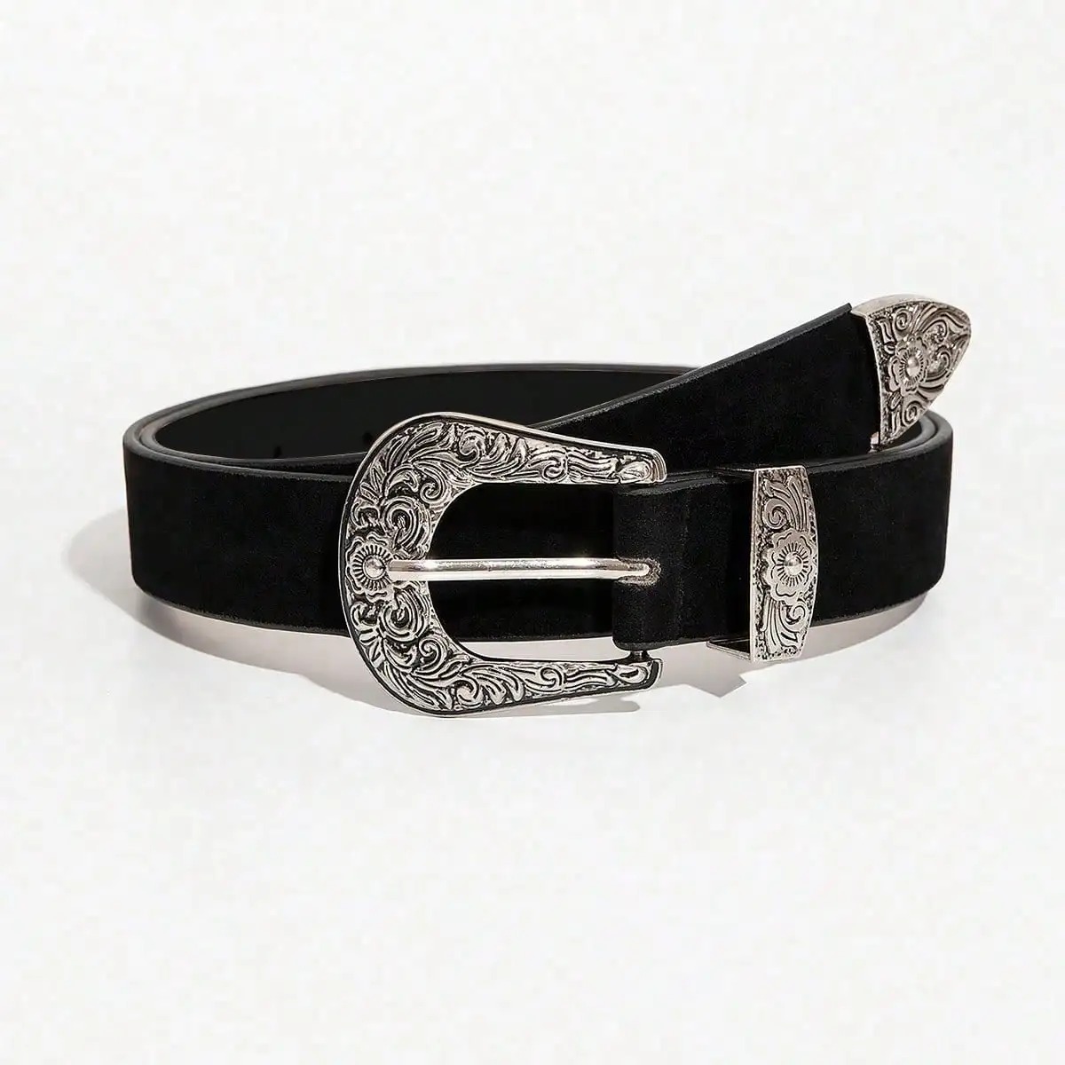 Women's black vintage bohemian style light luxury silver engraved metal buckle velvet belt for jeans, a versatile accessory be