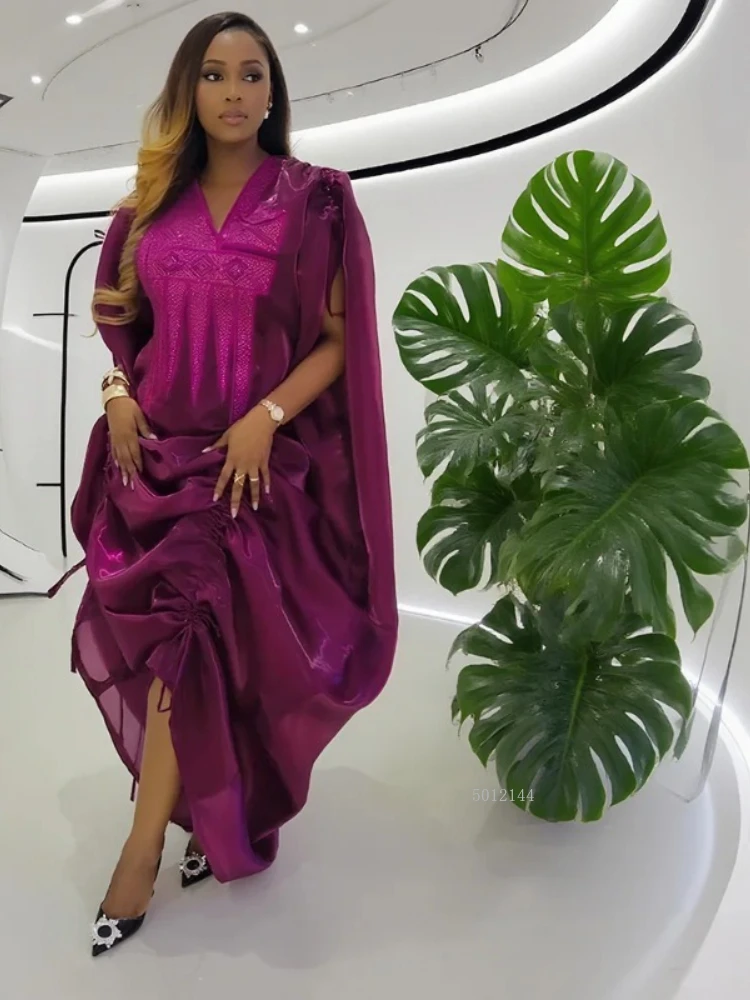 

African Women's Plus Size Clothes New Arrival V-Neck Batwing Sleeve Embroidered Ruched Irregular Dress Wedding Gown Bubu Robe