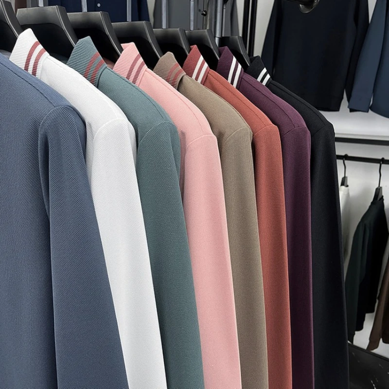 قميص بولو بياقة متباينة للرجال، أرجواني مع حواف بيضاء، ألياف بوليستر جديدة 100%، جودة الميدالية الذهبية، كم طويل للأعمال #3