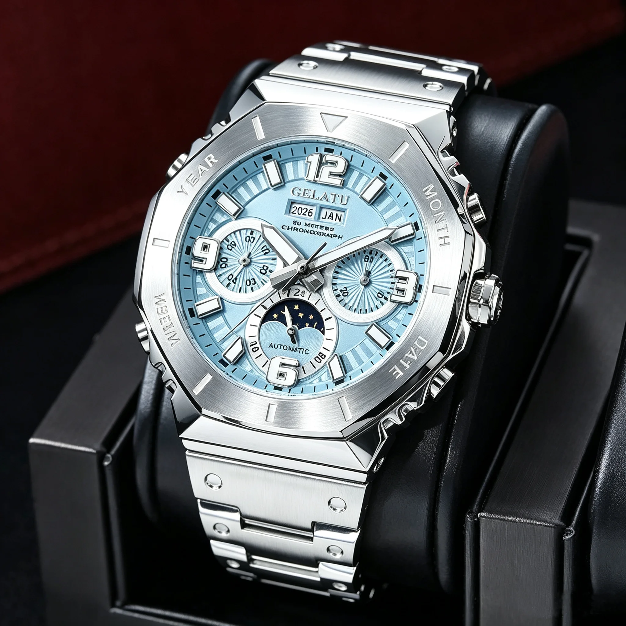 GELATU Herren-Taucheruhr, automatische mechanische Armbanduhr, Mondphase, 50 m wasserdicht, ewiger Kalender, Uhren für Herren, 6030