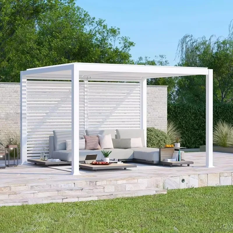 Luxury Electric Light Emitting Diode Roof Pavilion Aluminum Garden Outdoor Bioclimate Pergola Waterproof Flap Blinds Gazebo