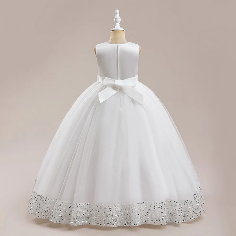 Flower Girl Dresses Gown White Bow Sequin Lace Long Wedding Pageant First Communion Clothes For Children Formal Evening Vestidos