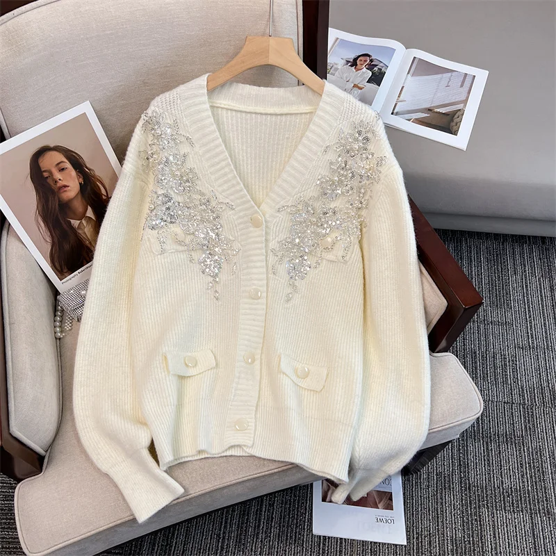 Women Autumn Fashion V Neck Long Sleeve Star Beading Knitted Cardigan Ladies Casual Loose Single Breasted Vintage Sweater