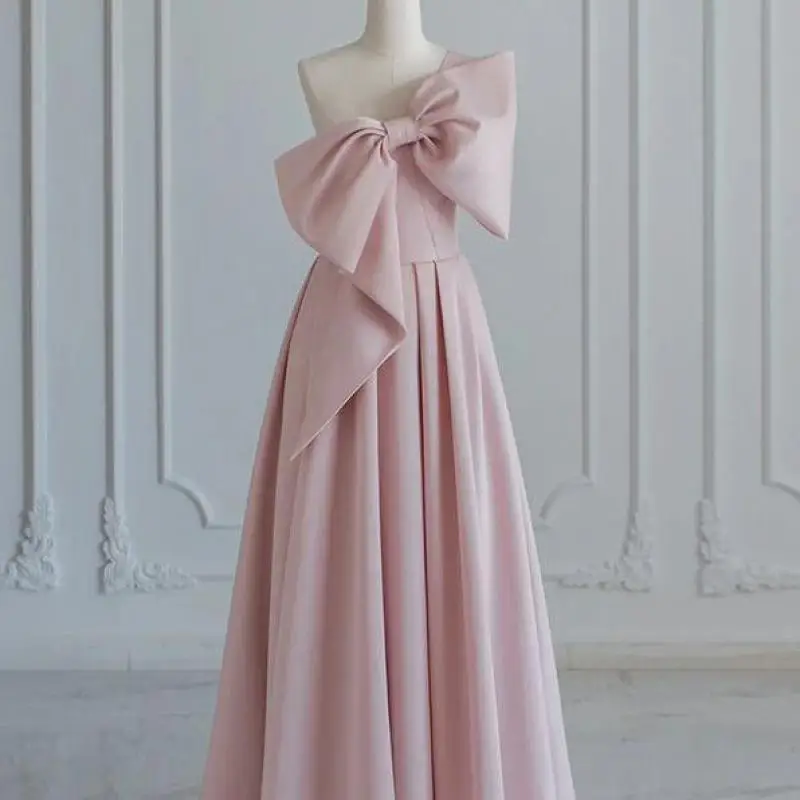 Customized Sweet Bow Princess Dresses One-shoulder Elegant Floor-length A-line Birthday Party Dress New Satin Simple Prom Dress