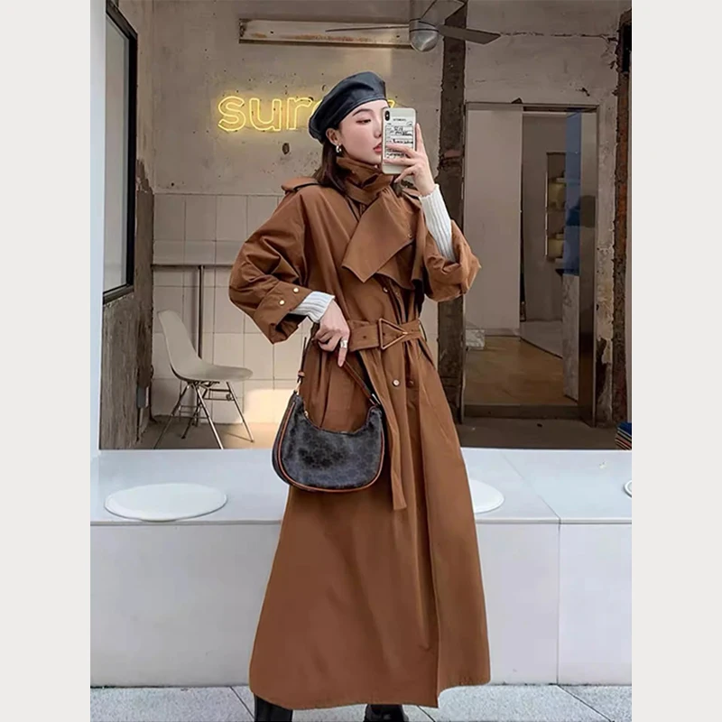 2024 Women Autumn and Winter New Mirad Clothing Classic Retro Temperament Irregular Trench Coat Brown Long Coat Women\'s Clothing